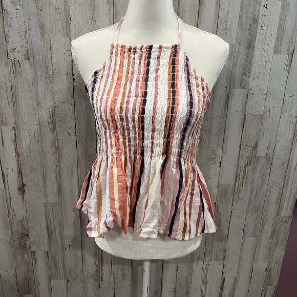 New! Francesca’s Stripe Smocked Peplum Halter Backless Top Womens Size Large - Picture 1 of 7